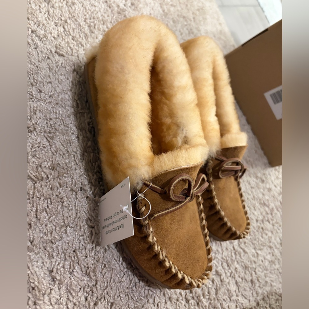 L.L. Bean Women's Suede Moccasin Slippers in Chestnut with Shearling Trim